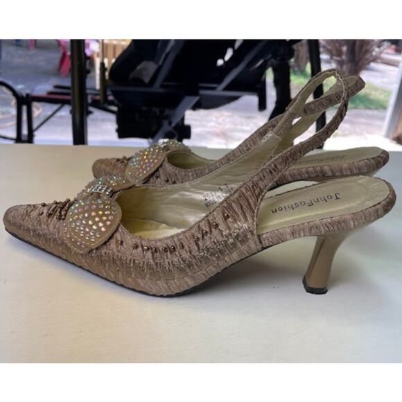 Sling Back Kitten Heels Champaign Embellished Bow Whimsical Dress Shoes Fairy - Picture 4 of 12